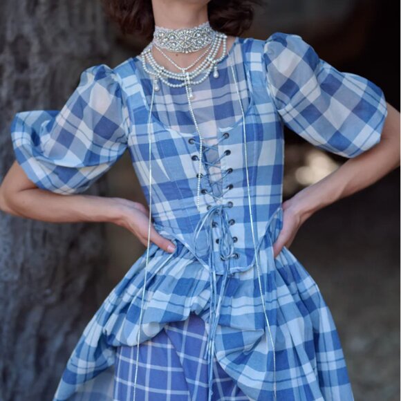 Selkie The Tea Towel  Duchess Corset Top Small Lace Up Blue White Check - Picture 1 of 9